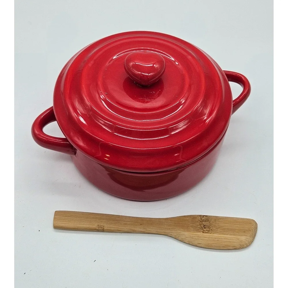 Red Ceramic Mini Cocotte with Heart Lid Knob and Bamboo Spreader Set